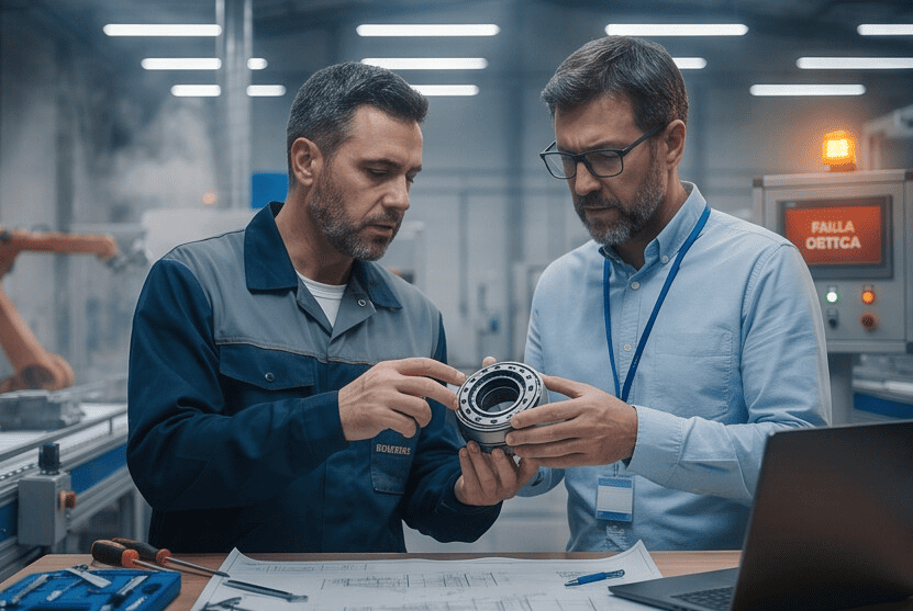 Técnicos analizando un componente industrial