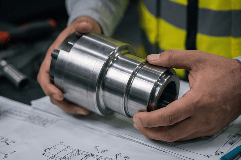 Componente industrial inspeccionado sobre planos