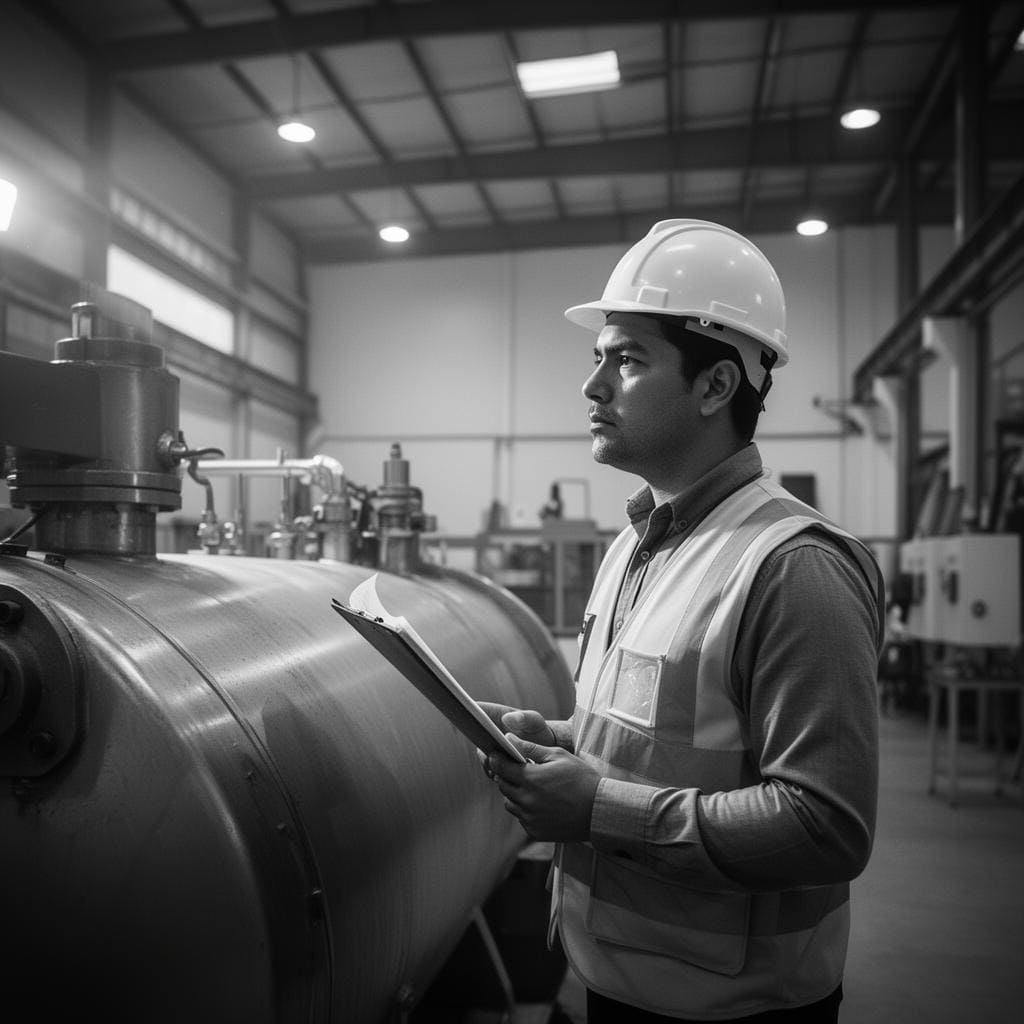 Ingeniero industrial inspeccionando maquinaria en planta
